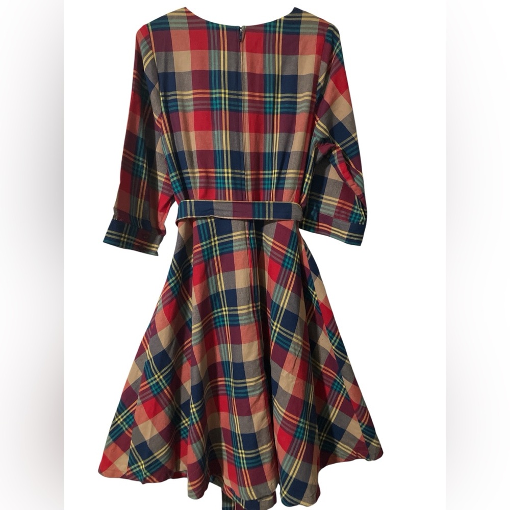 Modcloth Red Navy Tan Plaid Midi Dress with Belt - Picture 5 of 7